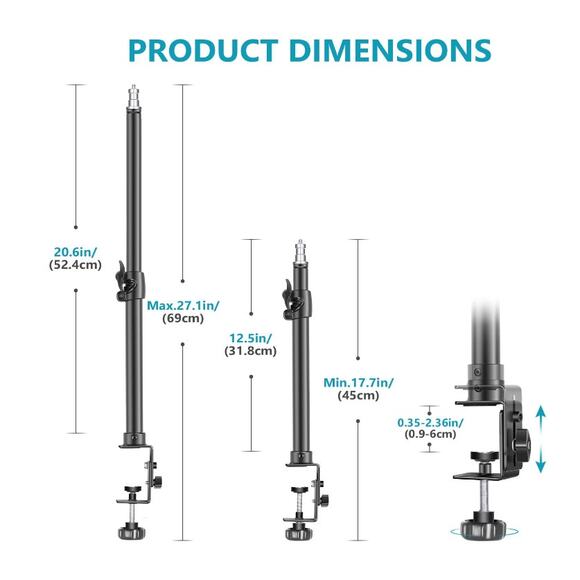 Tabletop Light/Clip Stand w/ 1/4 inch Screw for Ring Light 12.5-20.6 inches - Picture 3 of 12